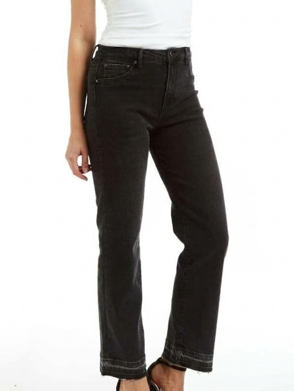 New Tractr Black Slim High-Rise Straight Leg Frayed End  Denim Jeans 32 14